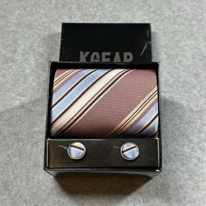 KGEAR Silk Tie Set Rose Blue Stripe w Cufflinks Pocket Square Gift Box 56x3.75"